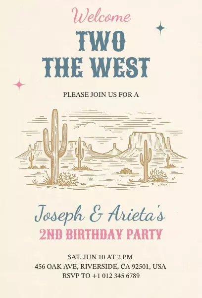Western Themed Twins 2nd Birthday Celebration Invitation Template