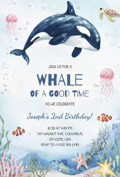 Whale Adventure Fun 2nd Birthday Celebration Invitation Template