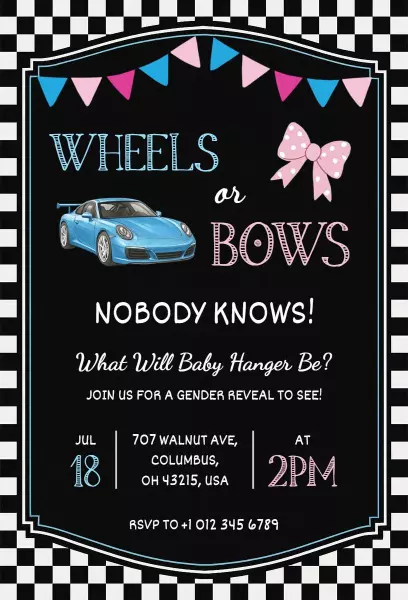 Wheels or Bows Fun Gender Reveal Celebration Invitation Template