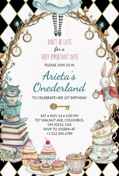Whimsical Alice Wonderland 1st Birthday Celebration Invitation Template