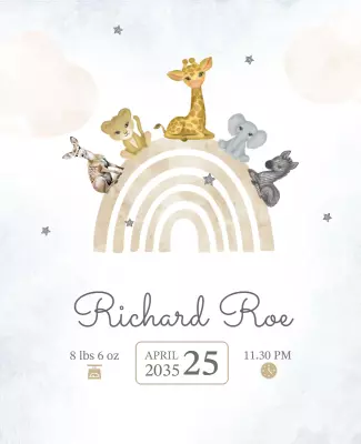 Whimsical Animal Friends with Rainbow Baby Announcement Poster Template
