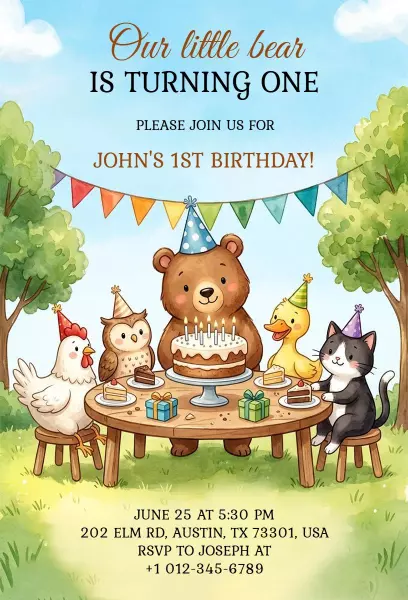Whimsical Animal Theme 1st Birthday Celebration Invitation Template