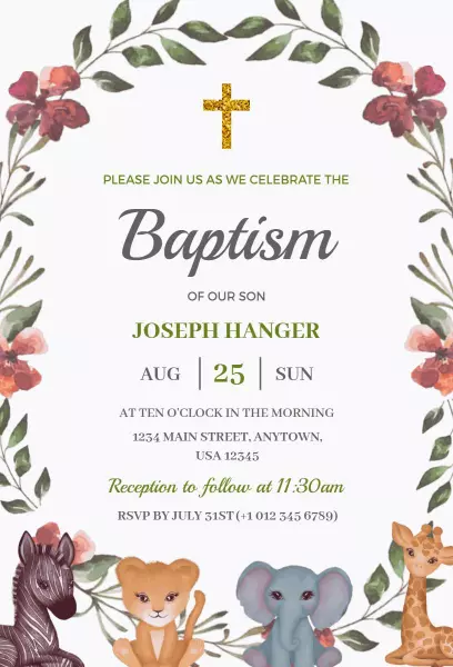 Whimsical Animal Theme Baptism Celebration Invitation Template