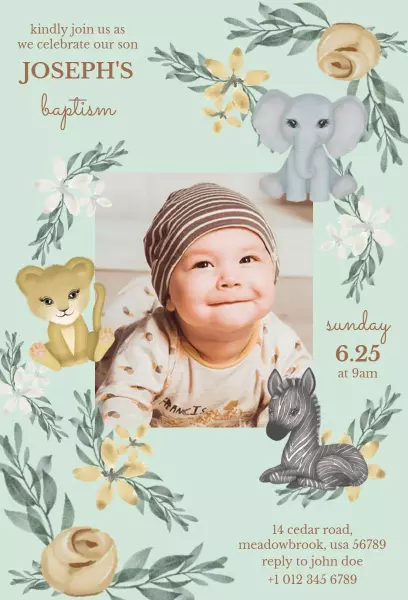 Whimsical Animal Theme Joseph's Baptism Celebration Invitation Template