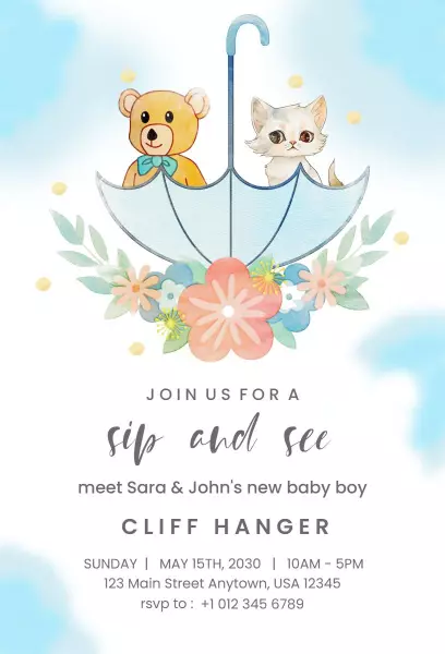 Whimsical Animal Theme Sip & See Baby Arrival Invitation Template