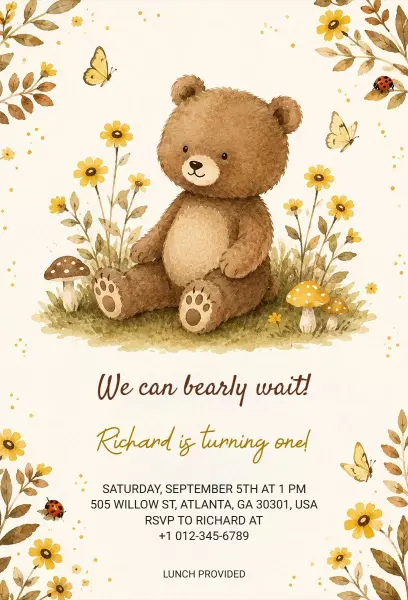 Whimsical Bear 1st Birthday Celebration Invitation Template