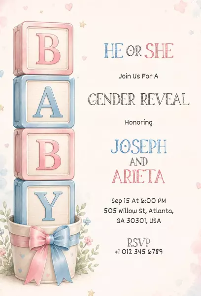 Whimsical Block Baby Gender Reveal Celebration Invitation Template