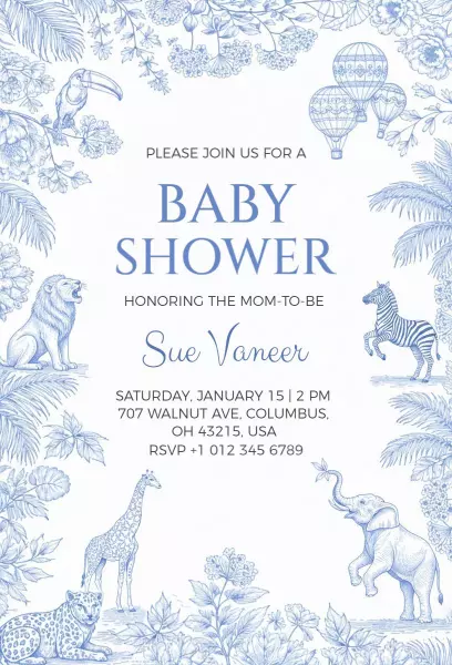 Whimsical Blue Jungle Safari Baby Shower Invitation Template