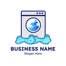 Whimsical Blue Laundry Machine Bubbles and Clothes Logo Template