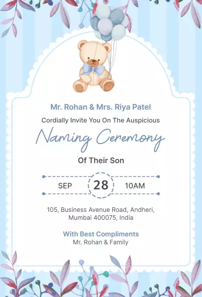 Whimsical Blue Teddy Bear Naming Ceremony Invitation Template