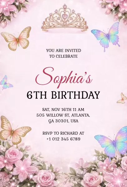 Whimsical Butterfly Princess 6th Birthday Invitation Template