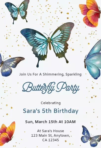 Whimsical Butterfly Theme 5th Birthday Celebration Invitation Template