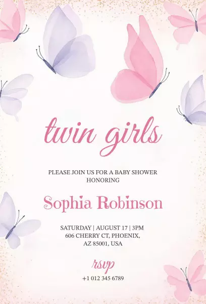 Whimsical Butterfly Twin Girls Baby Shower Invitation Template