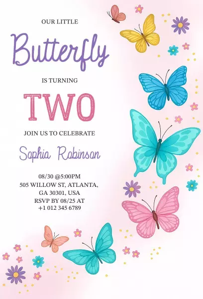 Whimsical Butterfly Two-Year-Old Birthday Celebration Invitation Template