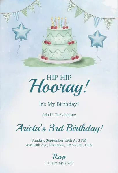 Whimsical Cake Theme 3rd Birthday Celebration Invitation Template