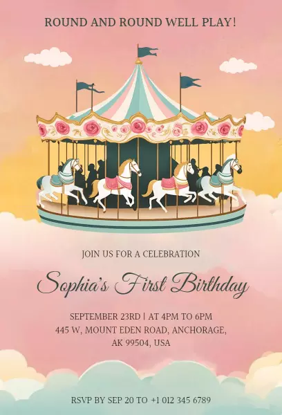 Whimsical Carousel Horse First Birthday Celebration Invitation Template