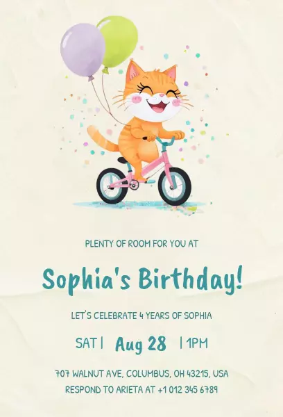 Whimsical Cat Cycling Birthday Celebration Invitation Template