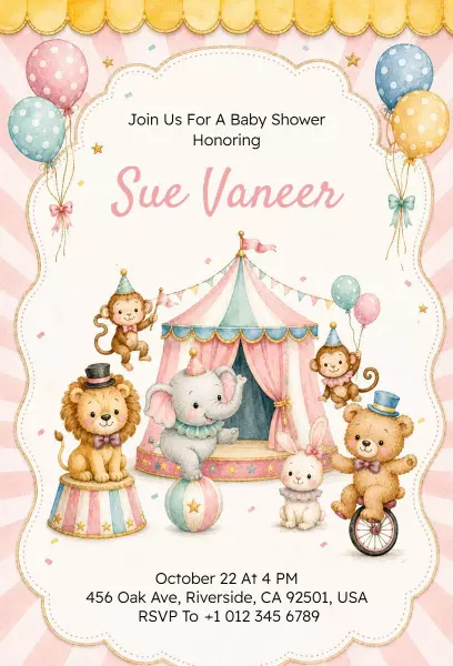 Whimsical Circus Animal Baby Shower Celebration Invitation Template