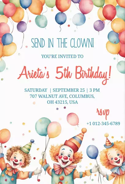 Whimsical Clown Colorful Kids Birthday Celebration Invitation Template