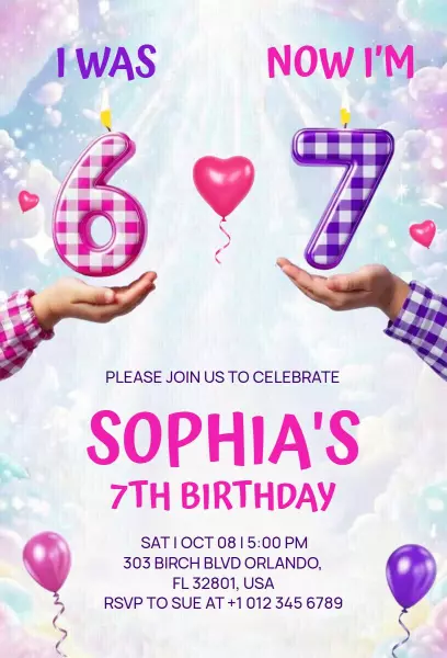 Whimsical Colorful 7th Birthday Celebration Invitation Template