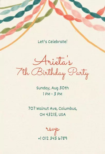 Whimsical Colorful 7th Birthday Party Celebration Invitation Template