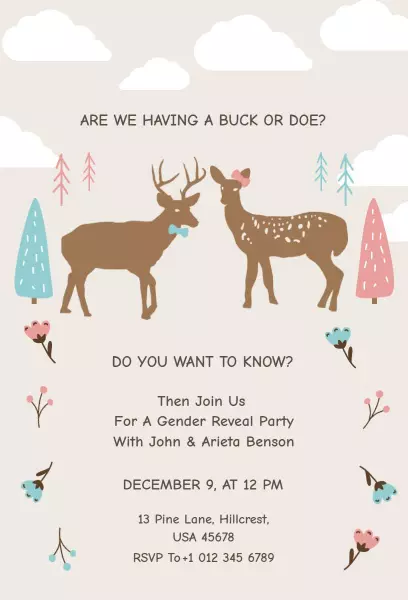 Whimsical Deer Buck or Doe Gender Reveal Invitation Template