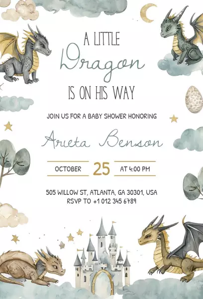 Whimsical Dragon Baby Shower Celebration Invitation Template