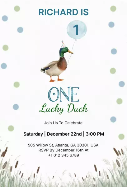 Whimsical Duck Theme 1st Birthday Celebration Invitation Template