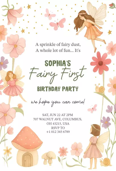 Whimsical Fairy Theme First Birthday Celebration Invitation Template