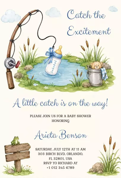 Whimsical Fishing Baby Shower Celebration Invitation Template