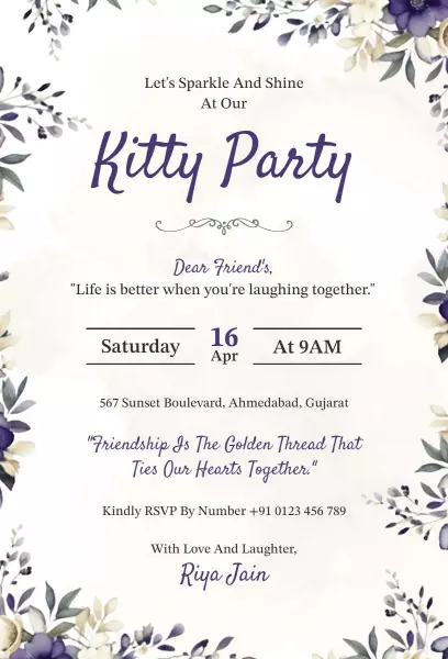 Whimsical Floral Kitty Party Friendship Gathering Invitation Template