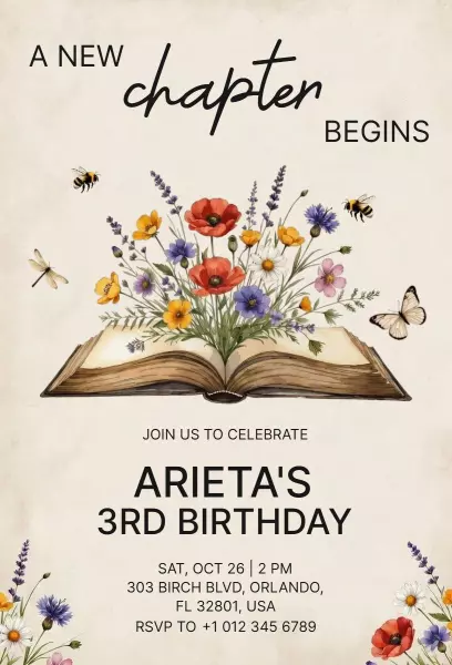 Whimsical Floral Storybook 3rd Birthday Celebration Invitation Template