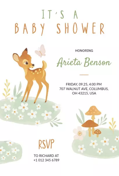 Whimsical Forest Deer Baby Shower Celebration Invitation Template