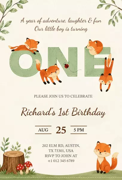 Whimsical Fox Adventure 1st Birthday Celebration Invitation Template