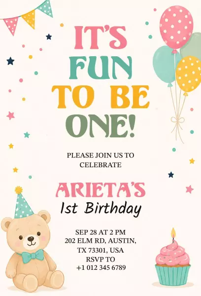 Whimsical Fun Bear Colorful 1st Birthday Invitation Template