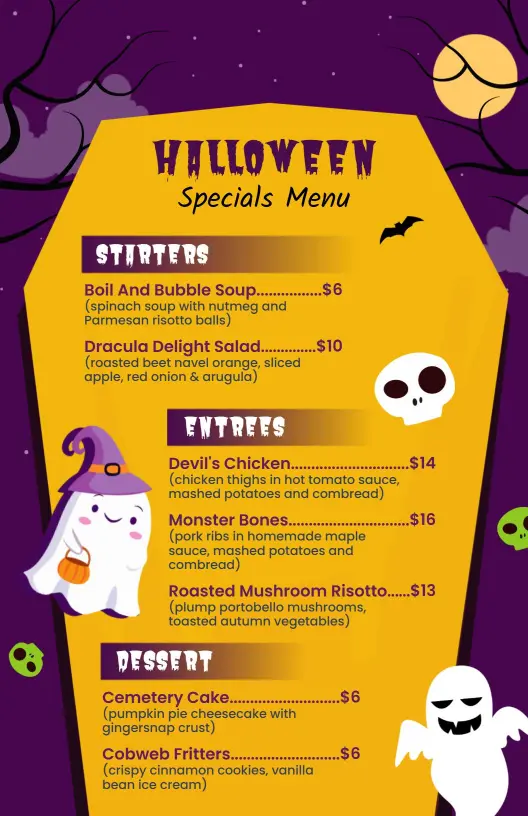 Whimsical Ghost Illustrations Halloween Cuisine Menu Template