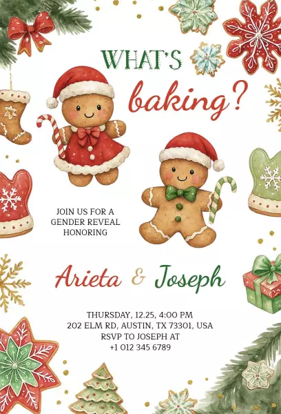 Whimsical Gingerbread Gender Reveal Christmas Invitation Template