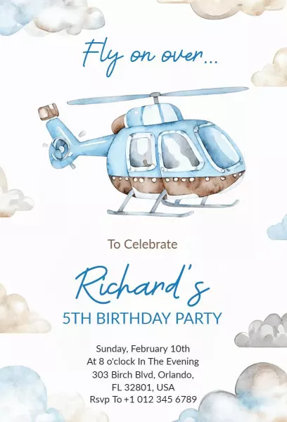 Whimsical Helicopter Adventure 5th Birthday Invitation Template