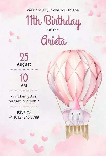 Whimsical Hot Air Balloon 11th Birthday Celebration Invitation Template