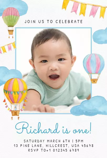 Whimsical Hot Air Balloon First Birthday Celebration Invitation Template