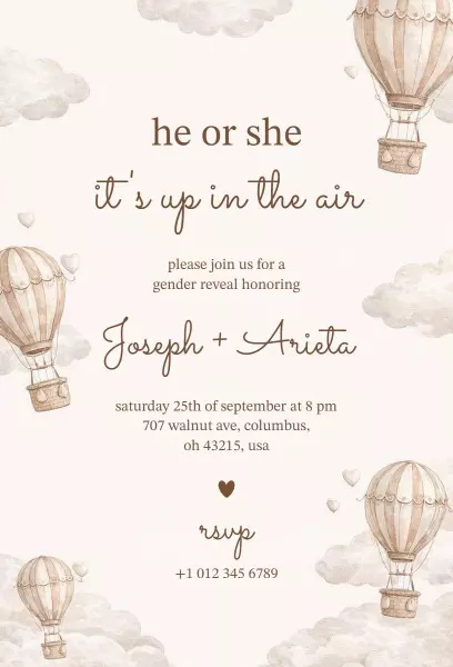 Whimsical Hot Air Balloon Gender Reveal Celebration Invitation Template