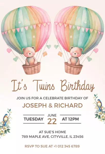 Whimsical Hot Air Balloon Twins Birthday Celebration Invitation Template