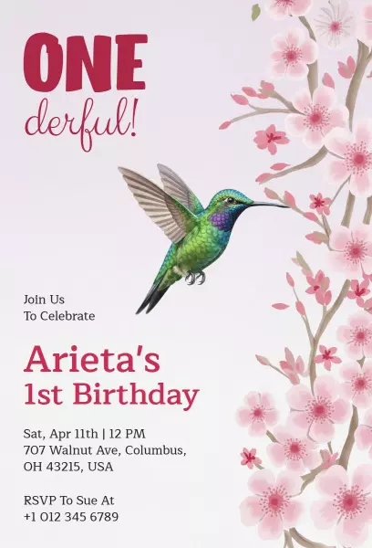 Whimsical Hummingbird 1st Birthday Celebration Invitation Template