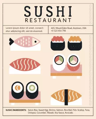 Whimsical Illustrated Sushi Restaurant Menu Poster Template