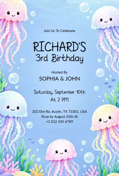 Whimsical Jellyfish Theme 3rd Birthday Celebration Invitation Template