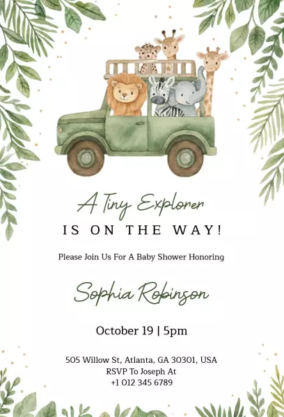 Whimsical Jungle Safari Adventure Baby Shower Invitation Template