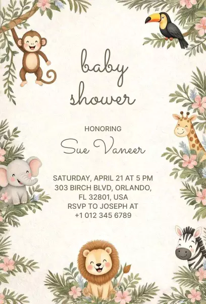 Whimsical Jungle Safari Baby Shower Celebration Invitation Template