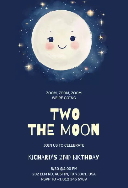 Whimsical Moon Two Years Old Birthday Celebration Invitation Template