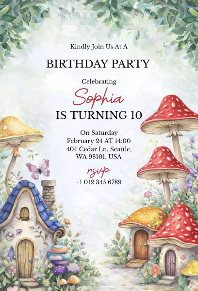 Whimsical Mushroom Fairy Tale 10th Birthday Invitation Template