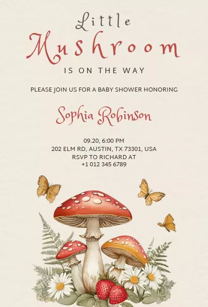 Whimsical Mushroom Nature-Themed Baby Shower Invitation Template